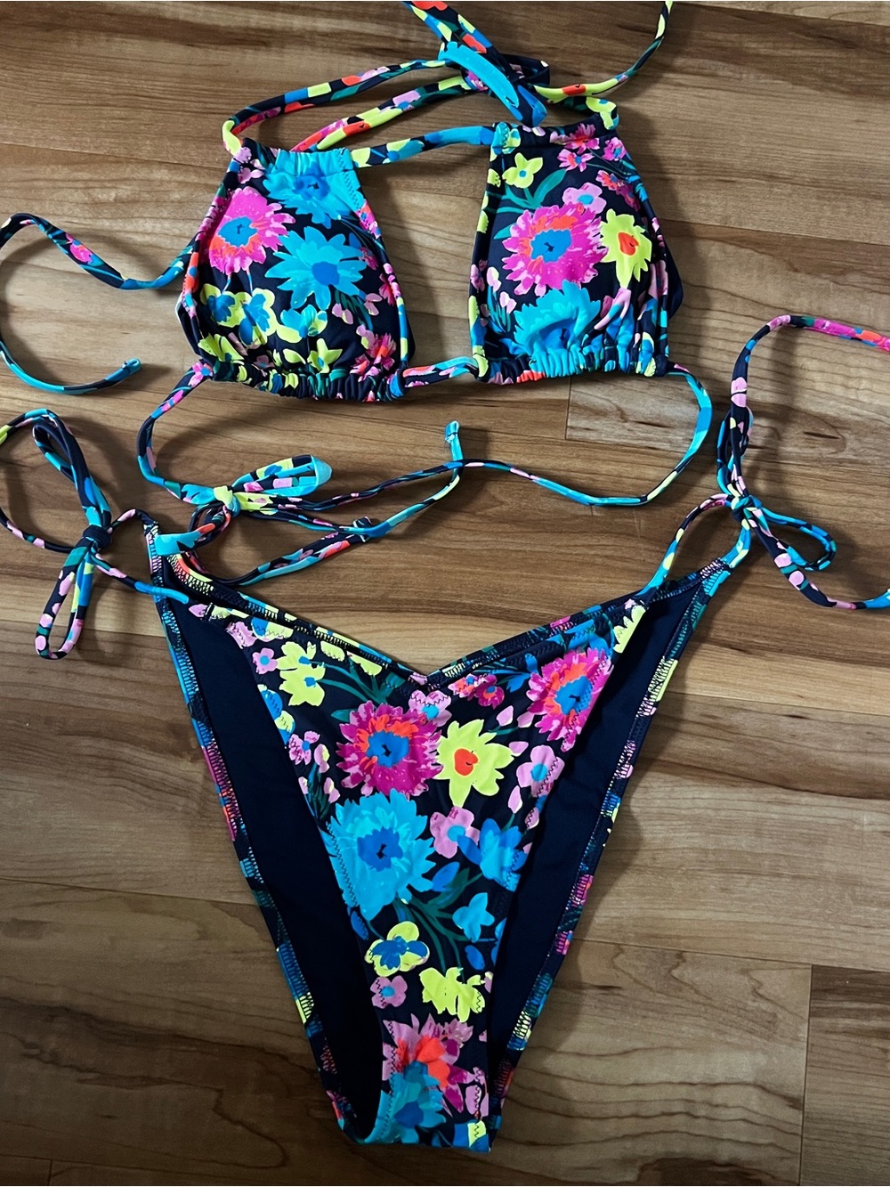 aerie Floral String Bikini in Black with Neon Blue, Pink & Yellow